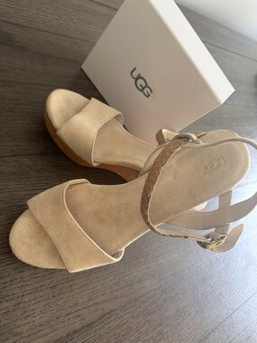 UGG Women's Neutral Beige Suede Wedge Sandals with Braided Ankle Strap